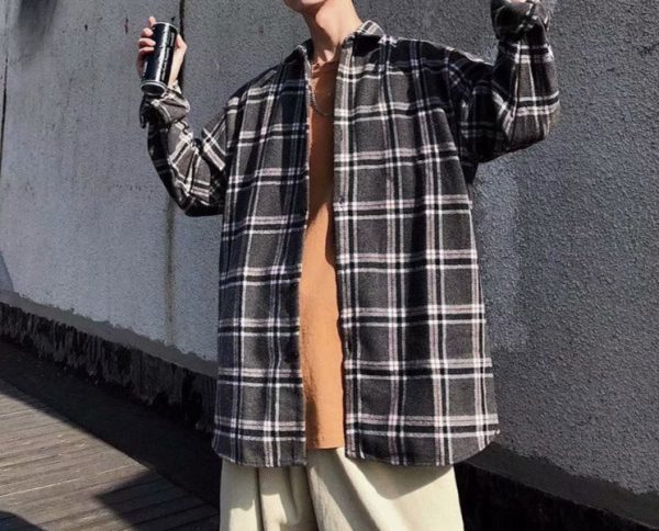 Men's Korean style loose plaid shirt jacket