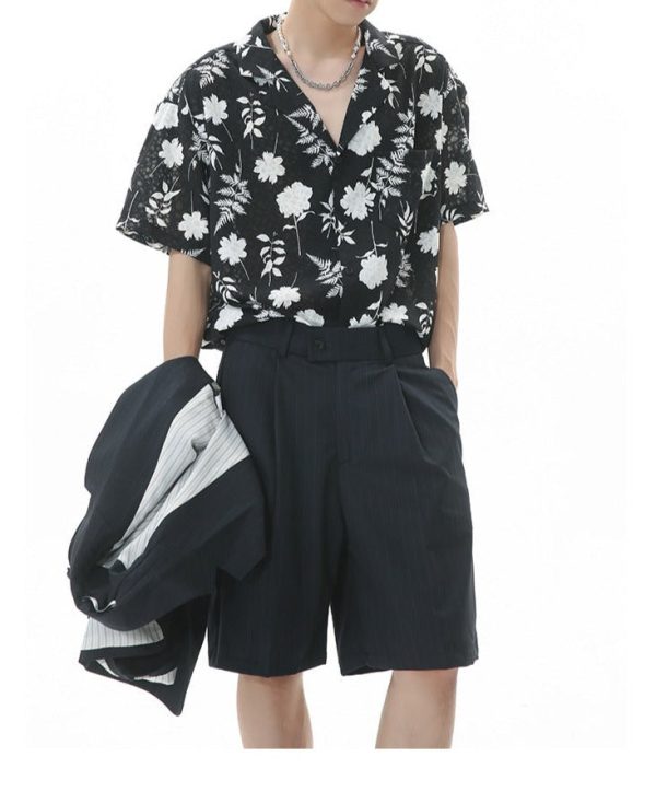 New Loose Hong Kong Style Retro Closure Collar Floral Short Sleeve Shirt
