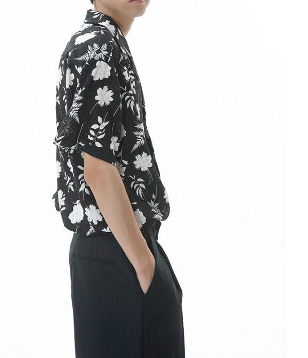 New Loose Hong Kong Style Retro Closure Collar Floral Short Sleeve Shirt