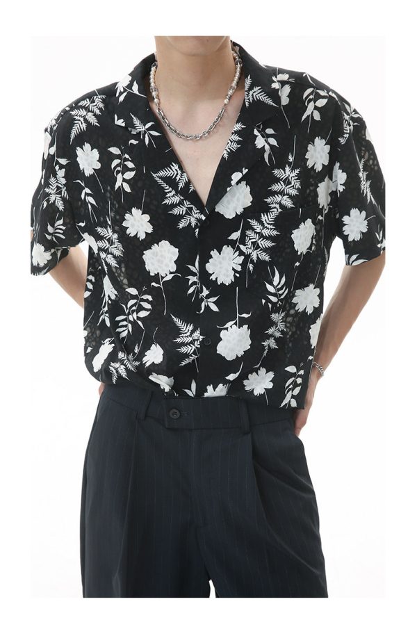 New Loose Hong Kong Style Retro Closure Collar Floral Short Sleeve Shirt