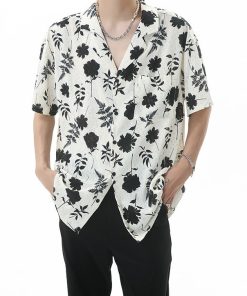 New Loose Hong Kong Style Retro Closure Collar Floral Short Sleeve Shirt