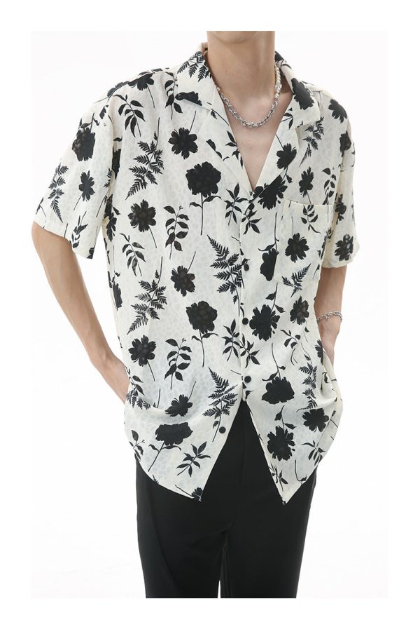 New Loose Hong Kong Style Retro Closure Collar Floral Short Sleeve Shirt