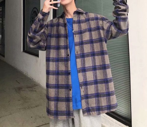 Men's Korean style loose plaid shirt jacket