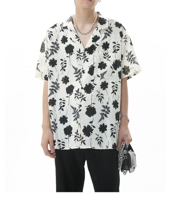 New Loose Hong Kong Style Retro Closure Collar Floral Short Sleeve Shirt